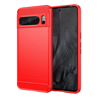 Red TPU phone case with brushed texture, carbon fiber corner accents, and ports