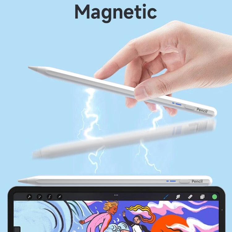 White stylus pen held by a hand over a tablet screen