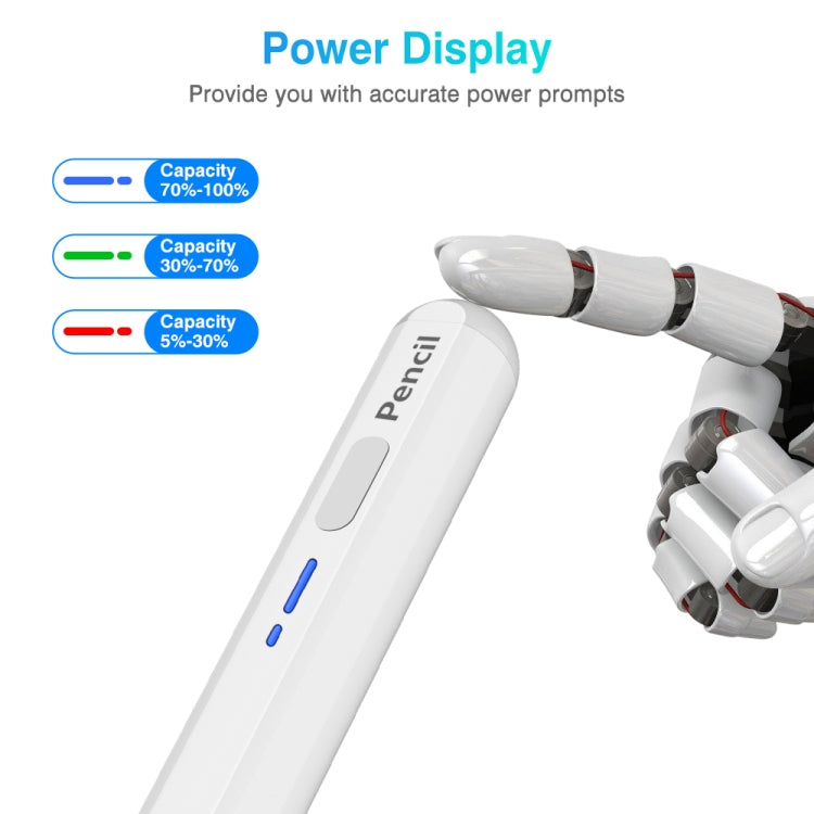 White stylus pen with power display view and blue indicator marks