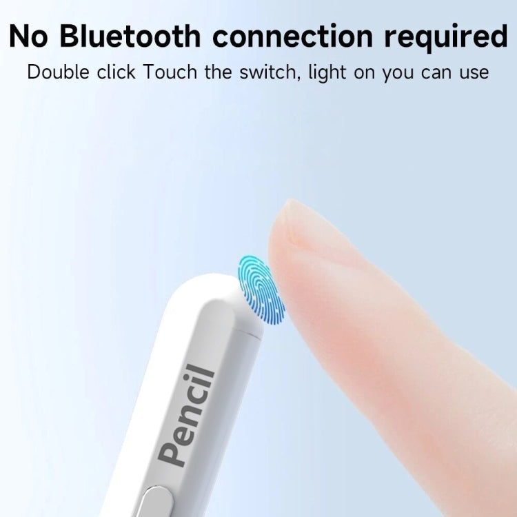 White stylus pen in fingertip grip with light indicator near the switch