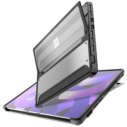 Shockproof tablet case in stand view, front cover and dark gray base