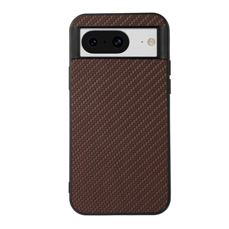 Brown carbon fiber texture PU phone case with camera cutout and raised edges.