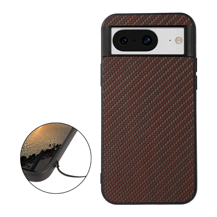 Brown carbon fiber texture PU phone case shown front view with side profile detail.