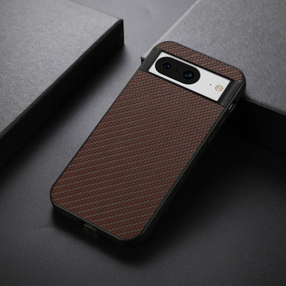 Brown carbon fiber texture PU phone case with camera cutout, shown at an angle.