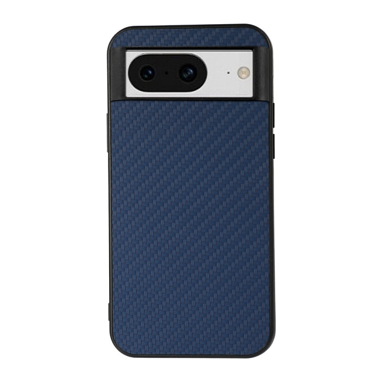 Blue carbon fiber texture PU phone case with dual camera cutout and side buttons.
