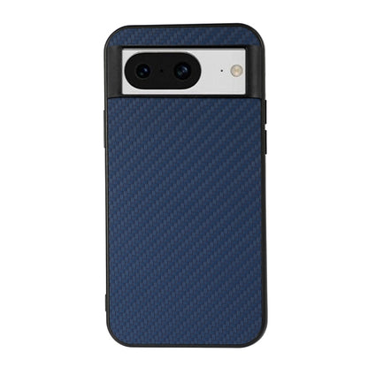 Blue carbon fiber texture PU phone case with dual camera cutout and side buttons.