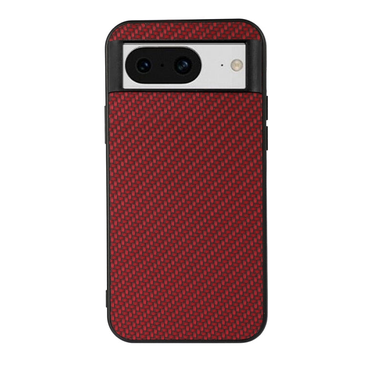 Red carbon fiber texture PU phone case with camera cutout and textured back panel.