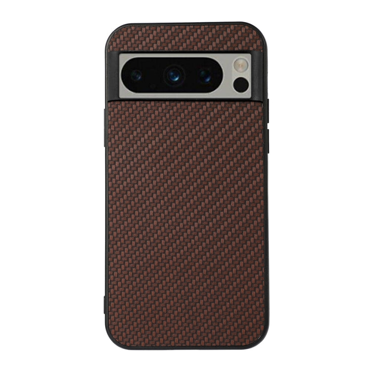 Brown carbon fiber texture PU phone case close-up front with dual camera openings.