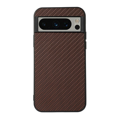 Brown carbon fiber texture PU phone case close-up front with dual camera openings.
