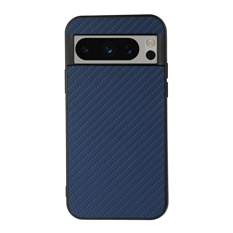 Blue carbon fiber texture PU phone case close-up front with camera and speaker openings.