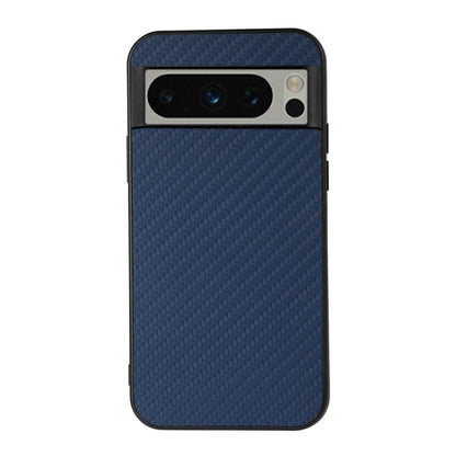 Blue carbon fiber texture PU phone case close-up front with camera and speaker openings.