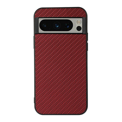 Red carbon fiber texture PU phone case close-up front with dual camera cutouts.