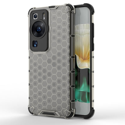 Honeycomb phone case, gray-white hex pattern with clear bumper and port cutouts