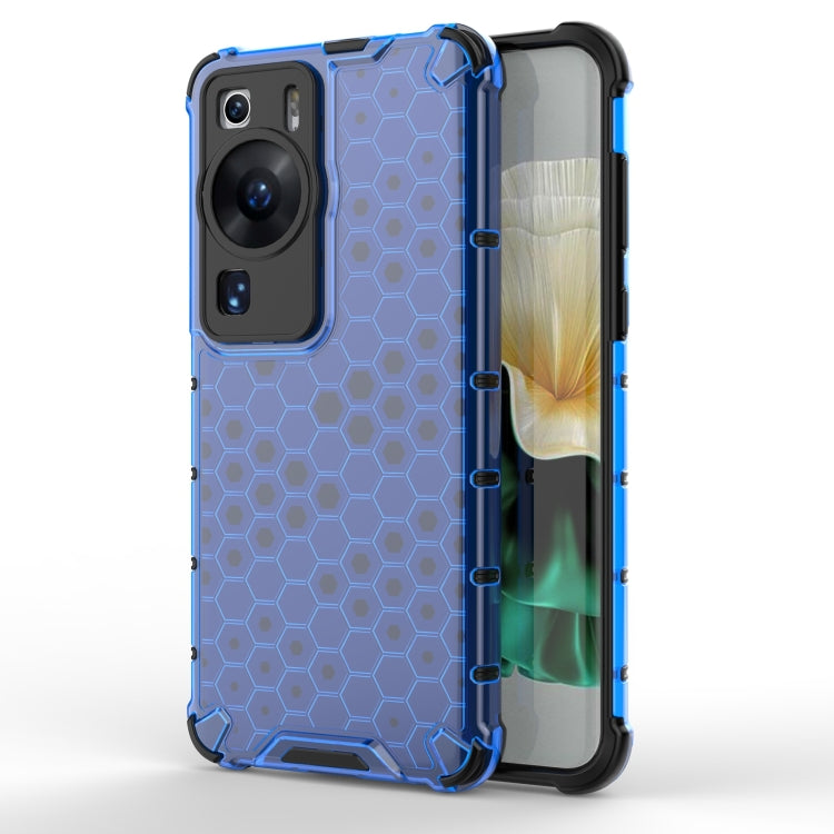 Honeycomb phone case, blue hex pattern with clear bumper and camera cutouts
