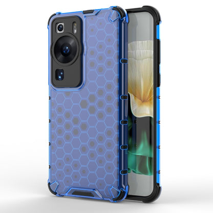 Honeycomb phone case, blue hex pattern with clear bumper and camera cutouts