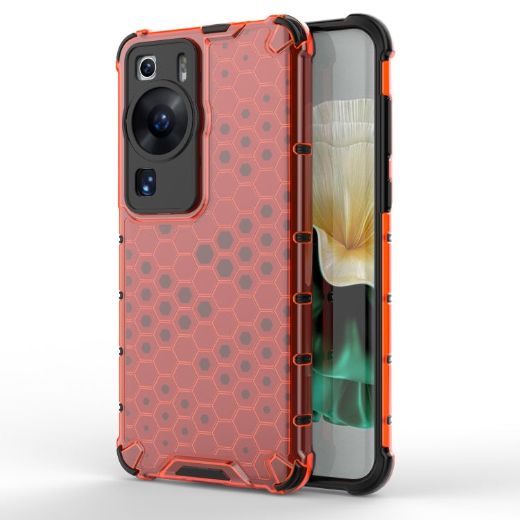 Honeycomb phone case, red-orange hex pattern with clear bumper and camera cutouts