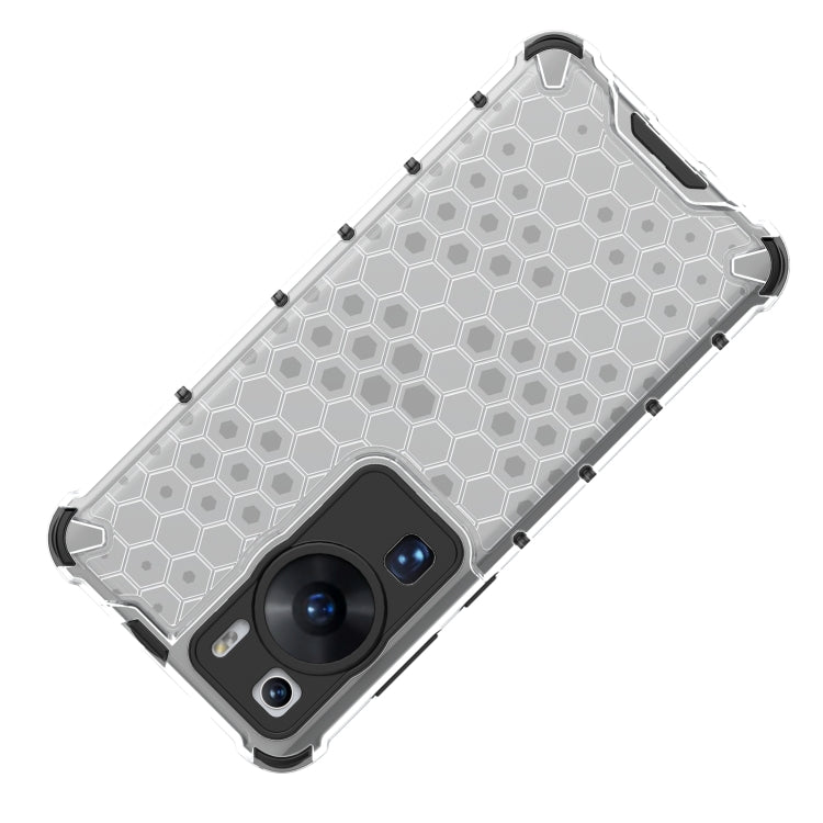 Honeycomb phone case, white hex pattern with clear bumper and camera lens cutouts
