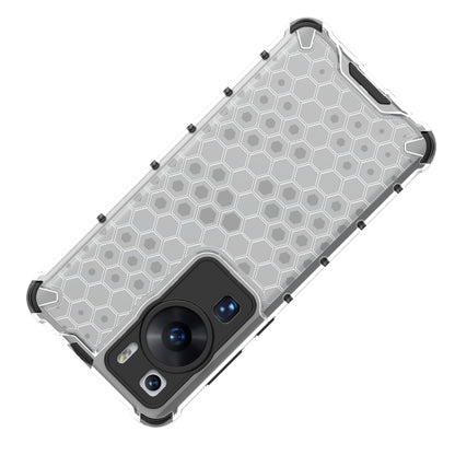 Honeycomb phone case, white hex pattern with clear bumper and camera lens cutouts