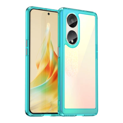 Transparent blue phone case with teal frame, dual camera cutouts and button openings
