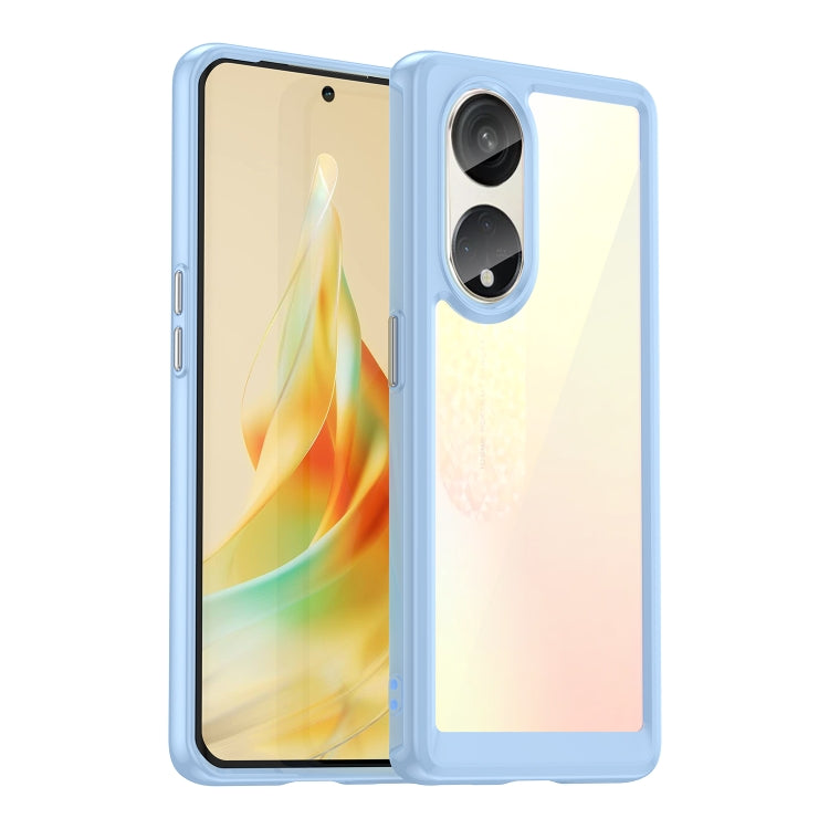 Clear blue phone case with light blue frame, dual camera cutouts and covered side buttons