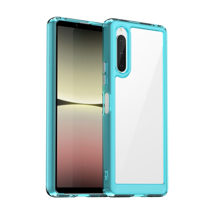 Transparent turquoise phone case with teal frame, dual camera cutout and side key openings