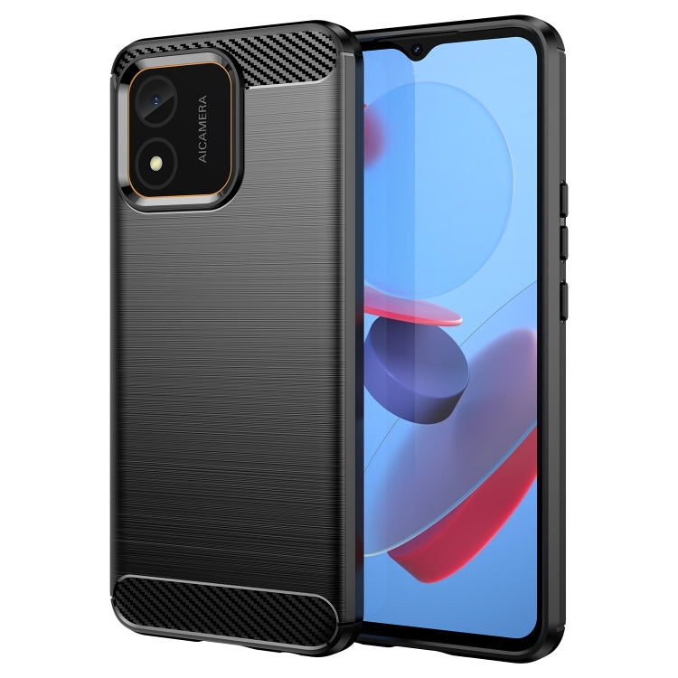 Black brushed carbon fiber textured TPU phone case with raised edges and camera cutout
