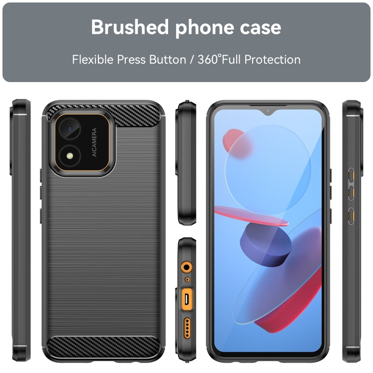 Brushed carbon fiber TPU phone case with textured back, side buttons, and camera cover