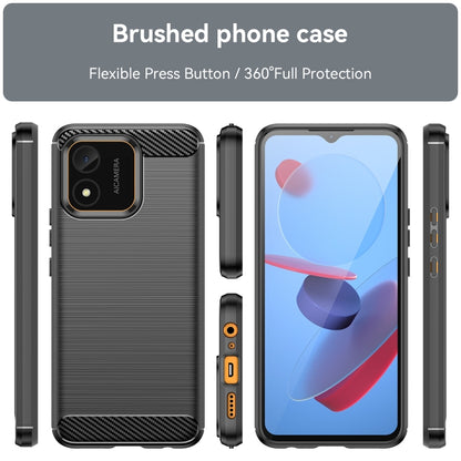 Brushed carbon fiber TPU phone case with textured back, side buttons, and camera cover
