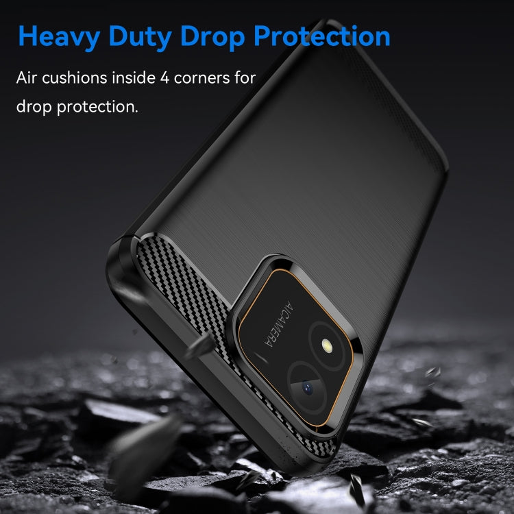 Black rugged TPU phone case with carbon fiber accent and raised corner drop protection