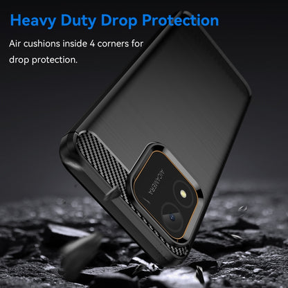 Black rugged TPU phone case with carbon fiber accent and raised corner drop protection