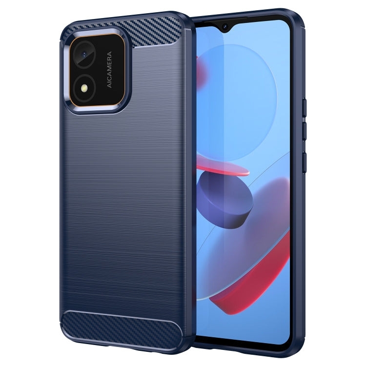 Blue-edged black carbon fiber textured TPU phone case with raised camera and screen lips