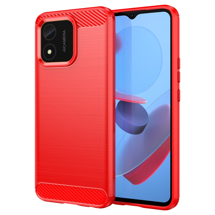 Red brushed carbon fiber TPU phone case with camera cutout and raised edges