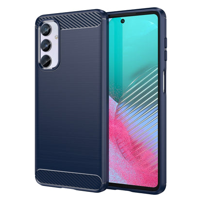 Blue accent black brushed carbon fiber TPU phone case with dual camera cutouts and grip tabs