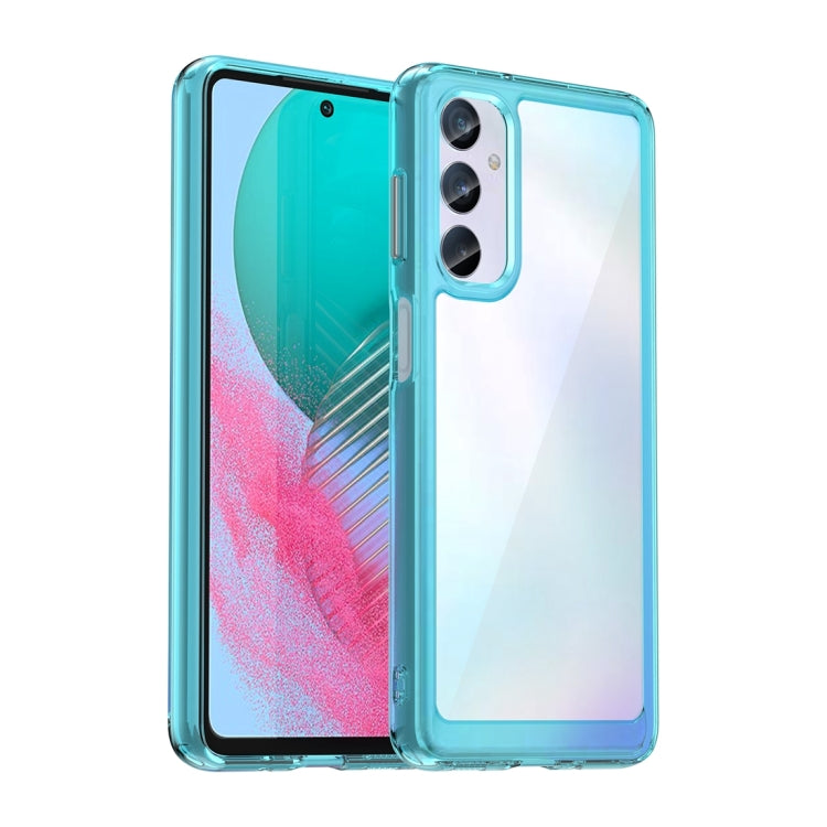 Clear transparent phone case with teal border and dual camera opening