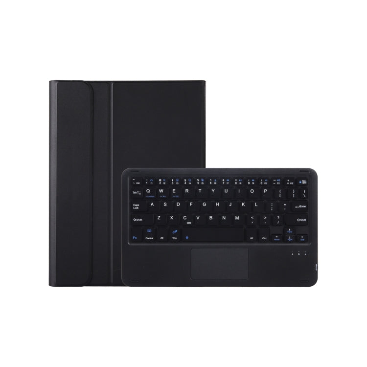 Black keyboard case with touchpad, tablet showing on-screen keyboard layout