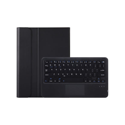 Black keyboard case with touchpad, tablet showing on-screen keyboard layout