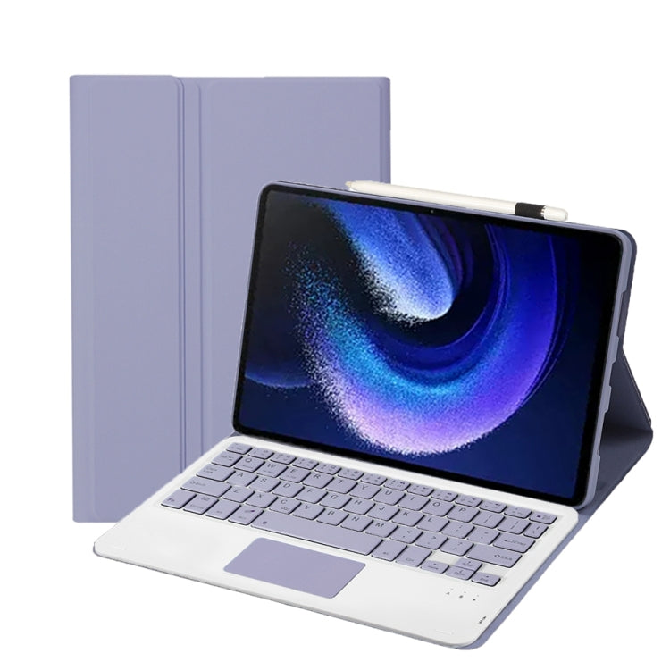 Purple keyboard case with touchpad and tablet on display