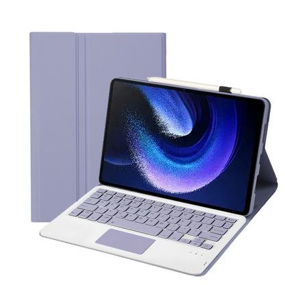 Purple keyboard case with touchpad and tablet on display