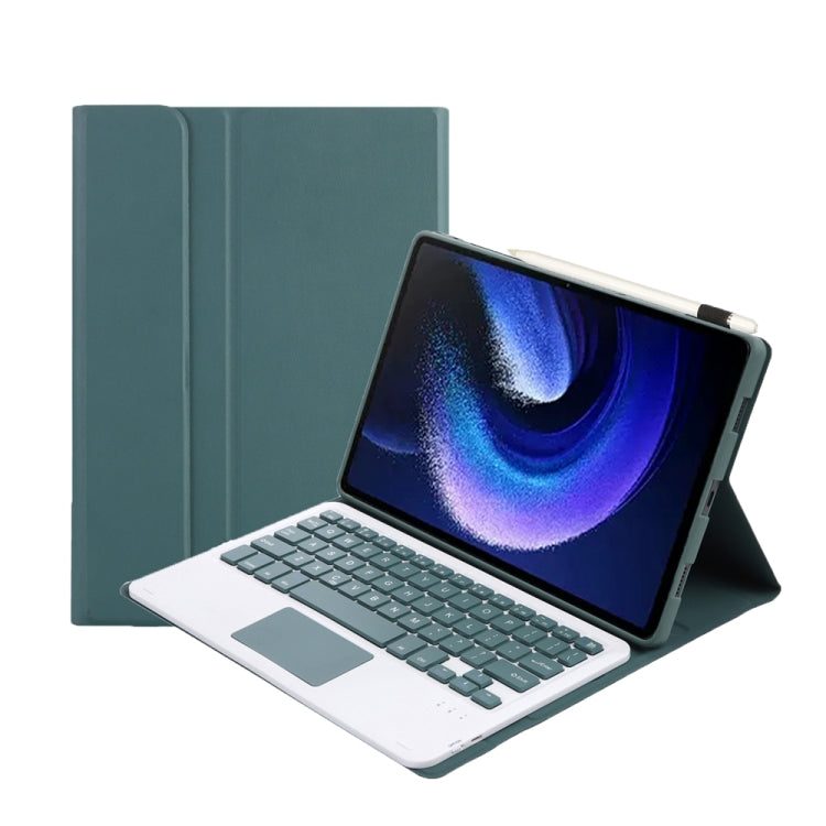 Dark green keyboard case with touchpad and tablet angled open