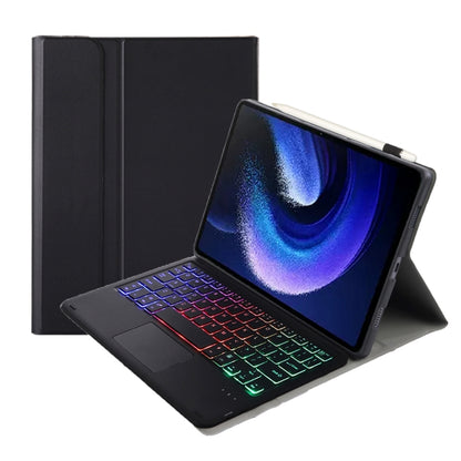 Black leather keyboard case with touchpad and multicolor backlit keys, folding stand