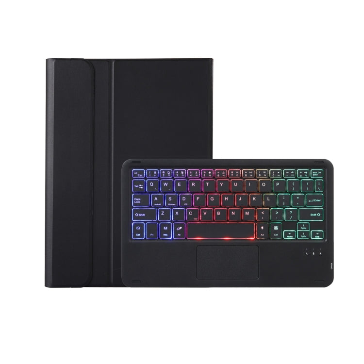 Black keyboard case with touchpad and multicolor backlit keys, closed folio cover