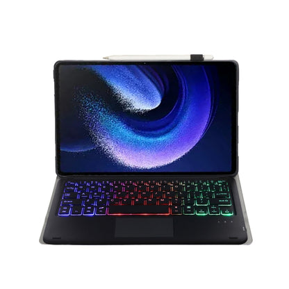 Black folio keyboard case with touchpad and multicolor backlit keys, tablet open