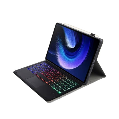 Black thin leather keyboard case with touchpad and multicolor backlit keys, angled view