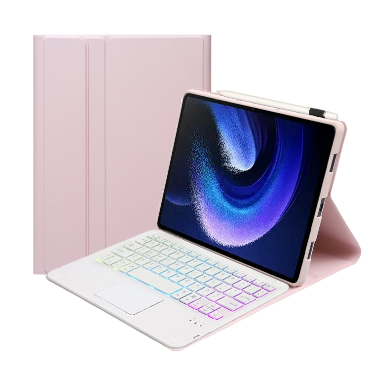 Pink leather keyboard case with touchpad and multicolor backlit keys, tablet open