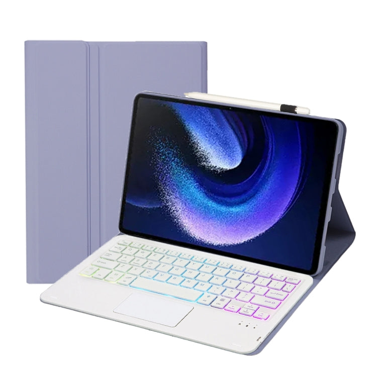 Lavender leather keyboard case with touchpad and multicolor backlit keys, tablet open