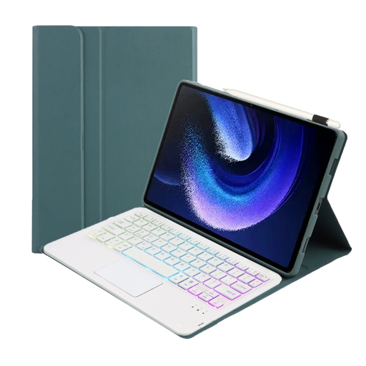 Dark green leather keyboard case with touchpad and multicolor backlit keys, folding stand