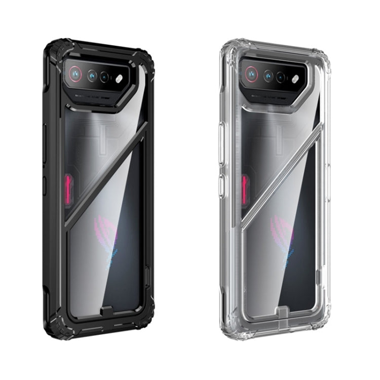 Translucent shockproof phone case with magnetic holder, shown front and back
