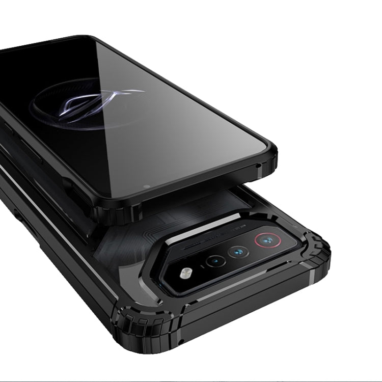 Black rugged shockproof phone case with magnetic holder, kickstand extended