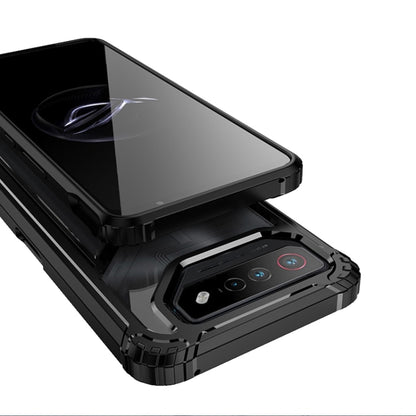 Black rugged shockproof phone case with magnetic holder, kickstand extended