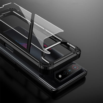 Black rugged shockproof phone case with magnetic holder, close-up of stand and edges